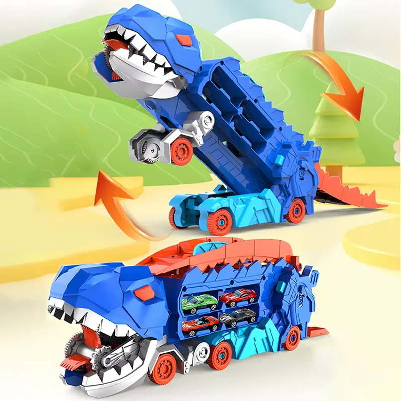 Dinosaur Transport Truck Car Carrier Play Set – Dinosaur Deformation Truck with Race Track & Mini Alloy Cars | Kids Toy (3+ Years)