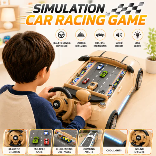 Kids Simulation Car Racing Game Steering Wheel Toy – Interactive Driving Simulator with Sound, LED Lights & Racing Track for Boys & Girls