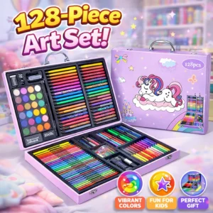 128-Piece Kids Art & Drawing Set with Carry Case – Complete Coloring Kit with Colored Pencils, Crayons, Oil Pastels, Watercolors & Markers