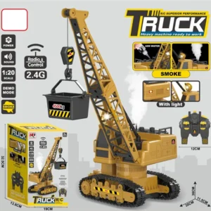 2.4GHz RC Crawler Crane Truck Toy with Smoke, Lights & Sound – Remote Control Construction Crane for Kids (1:20 Scale, 3+ Years)
