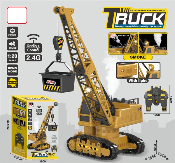2.4GHz RC Crawler Crane Truck Toy with Smoke, Lights & Sound – Remote Control Construction Crane for Kids (1:20 Scale, 3+ Years)
