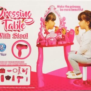Kids Princess Dressing Table with Stool & Mirror – Pretend Play Makeup Vanity Set with Beauty Accessories & Hair Dryer for Girls