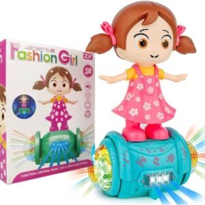 Kids Dancing Fashion Girl Doll Toy – Musical Walking Doll with 360° Rotation, LED Lights & Bump & Go Action for Boys