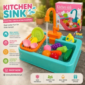 Kids Electric Kitchen Sink Toy with Running Water Pump, Pretend Play Dishwashing Set, Play Kitchen Accessories & Food Toys