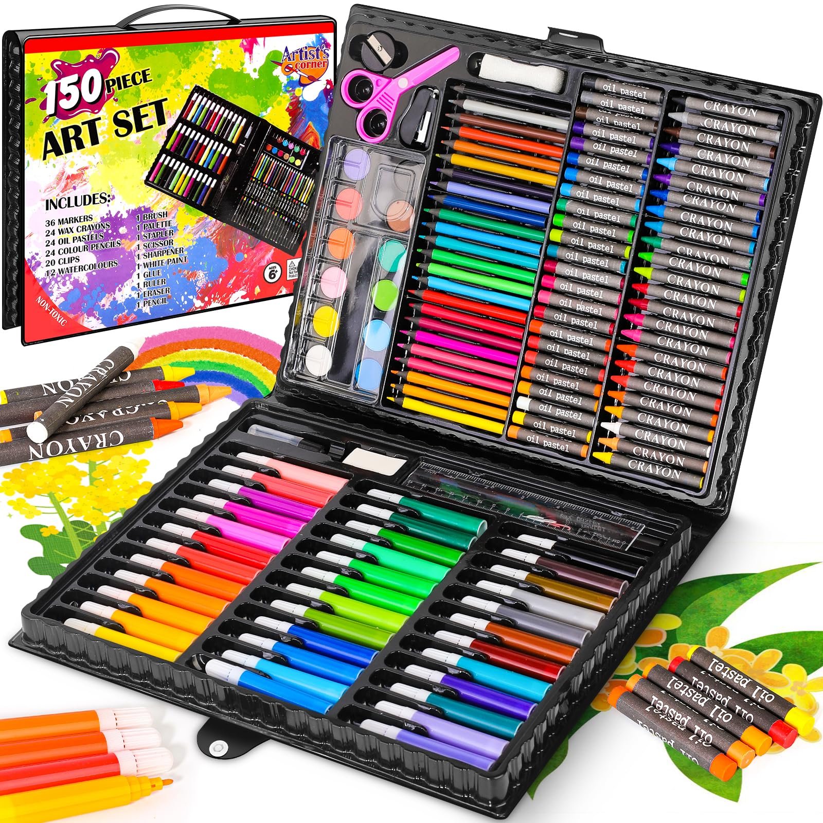 150-Piece Kids Art & Drawing Set with Portable Carry Case – Complete Coloring Kit with Markers, Crayons, Colored Pencils, Oil Pastels & Watercolors
