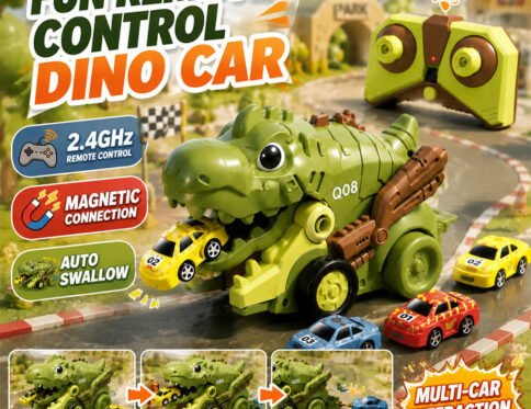 Remote Control Dinosaur Car Toy with Magnetic Car Catcher, Music & Dual Speed Modes – RC Dino Vehicle for Kids Boys & Girls (3+ Years)