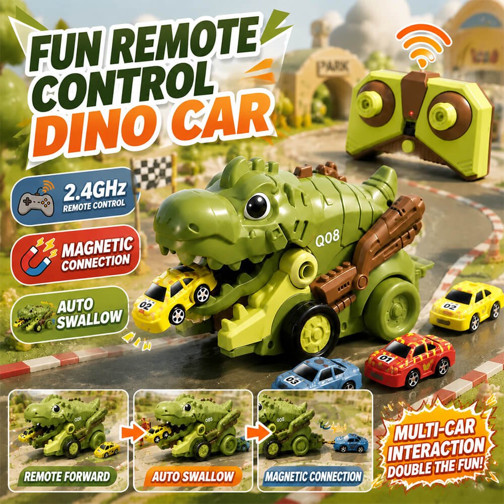 Remote Control Dinosaur Car Toy with Magnetic Car Catcher, Music & Dual Speed Modes – RC Dino Vehicle for Kids Boys & Girls (3+ Years)