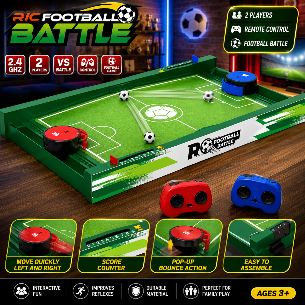 2.4GHz RC Football Battle Game – 2 Player Remote Control Tabletop Soccer Game with Score Counter | Interactive Family Sports Toy for Kids (Ages 3+)