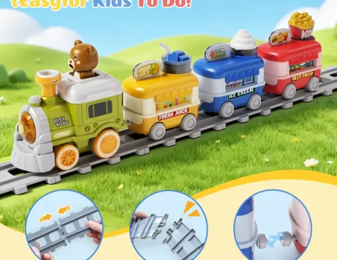 Electric Rail Spray Train Toy for Kids – Musical Light-Up Steam Train with Spray Mist, Food Cart Carriages & Battery Operated Educational Toy (3+ Years)