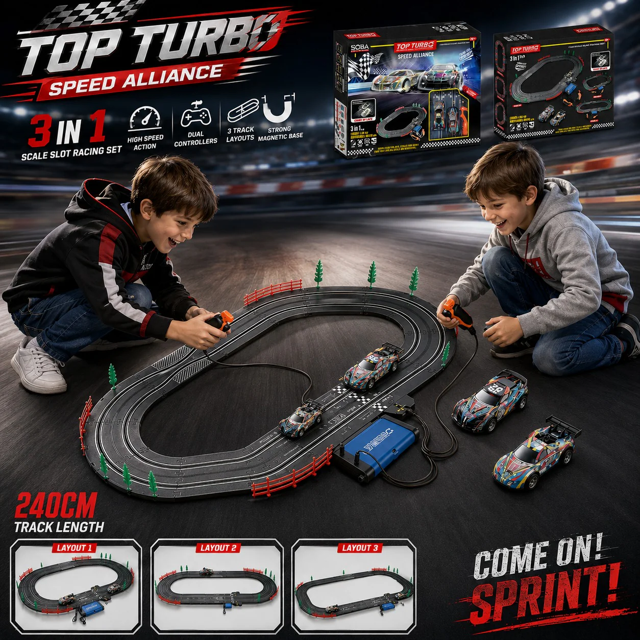 TOP TURBO Speed Alliance 3-in-1 Slot Racing Set – 240cm High-Speed Race Track with Dual Racing Cars for Kids