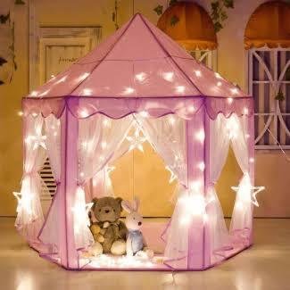 Kids Princess Castle Play Tent | Foldable Indoor & Outdoor Playhouse with Mesh Curtains | Pink & Blue Colors Available
