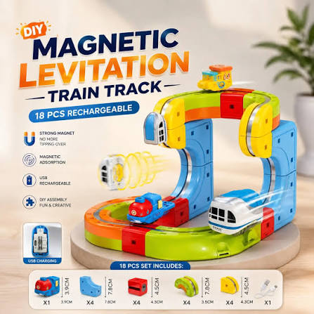 DIY Magnetic Levitation Train Track Set – 18 PCS Rechargeable Magnetic Railway Toy for Kids | USB Charging | STEM Educational Building Toy (3+ Years)