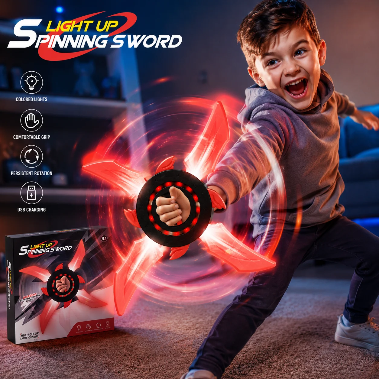 USB Rechargeable Light Up Spinning Sword Toy with LED Lights | Rotating Action Toy for Kids
