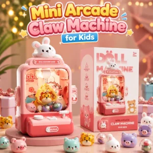 Doll Rabbit Claw Machine Toy with 20 mini dolls. Cute pink mini arcade crane game for kids aged 3+, perfect for home play, fun and interactive entertainment.