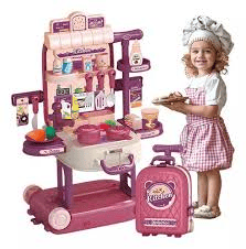 3 in 1 Kids Kitchen Play Set with Trolley & Suitcase | 49PCS Pretend Play Cooking Toy for Girls